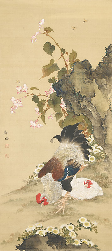 Rooster and Hen with Autumn Flowers