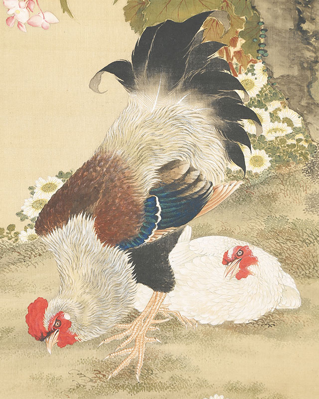 Rooster and Hen with Autumn Flowers