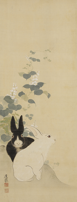 Black and White Rabbits and Pea Flowers