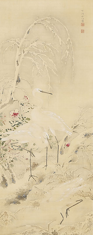 Egrets and Flowers in Snow