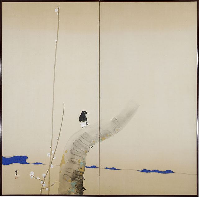 流水梅花鵲図