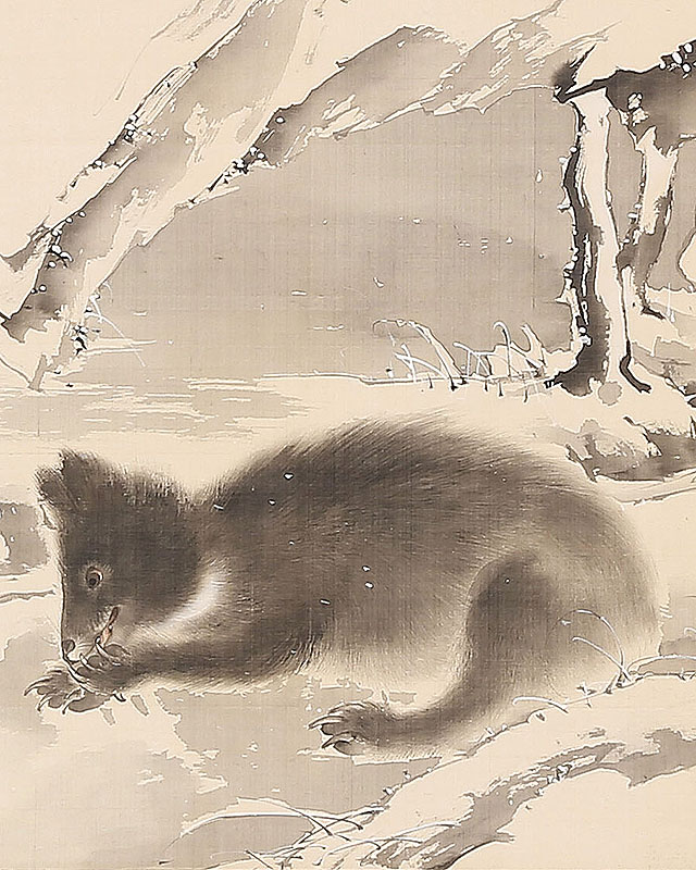 雪中黒熊 猿栗図