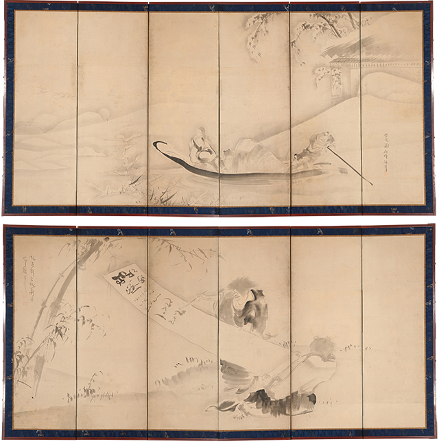 高士観月図　寒山拾得図