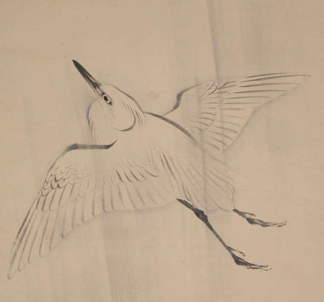 A White Heron Flying in the Rain