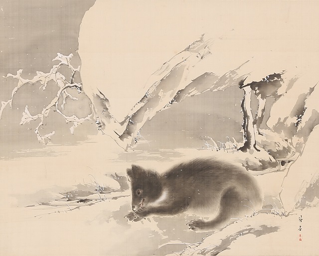 雪中黒熊 猿栗図