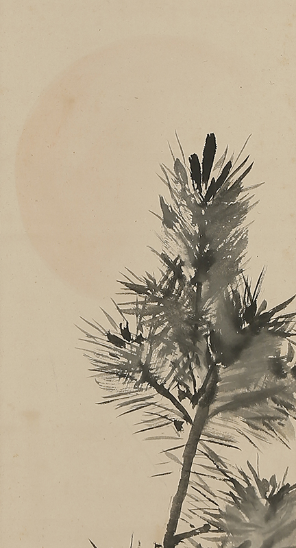 Young Pine at Sunrise, Calligraphy, Rock and Mushrooms