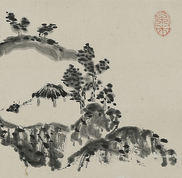 山水図自画賛「坐看雲起時」