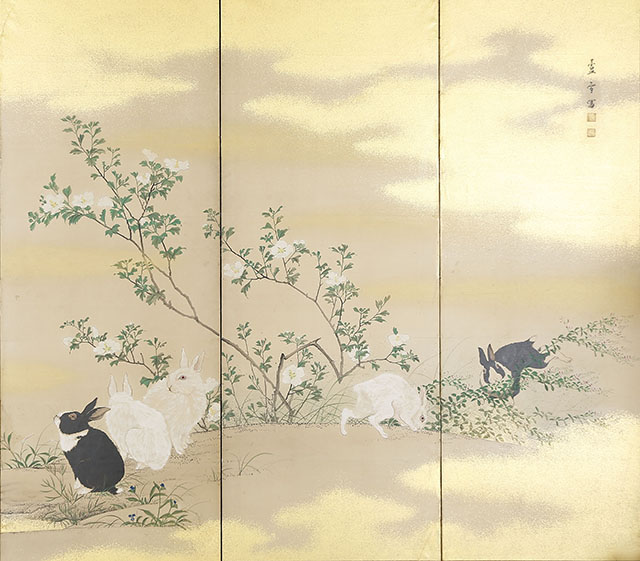 Rabbits with Autumn Flowers/ Puppy and Birds in Snow