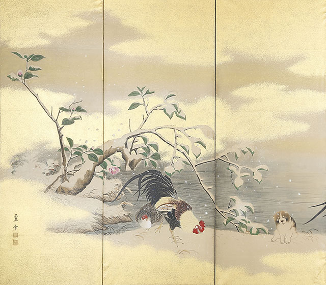 Rabbits with Autumn Flowers/ Puppy and Birds in Snow