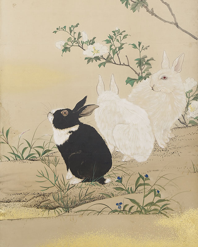 Rabbits with Autumn Flowers/ Puppy and Birds in Snow