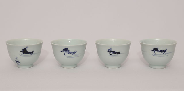 青華茶器　急須 白雲中　茶碗 風景水鳥