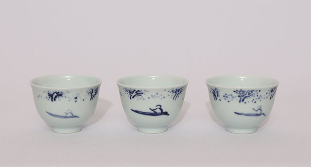 青華茶器 急須 白雲中 茶碗 風景水鳥