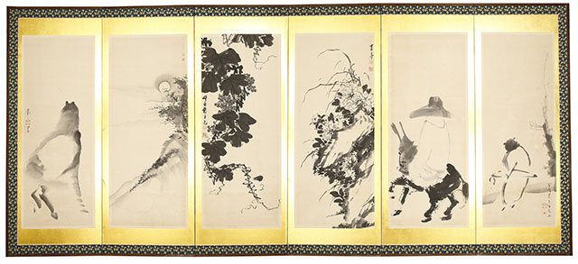 草花人馬図貼交屏風