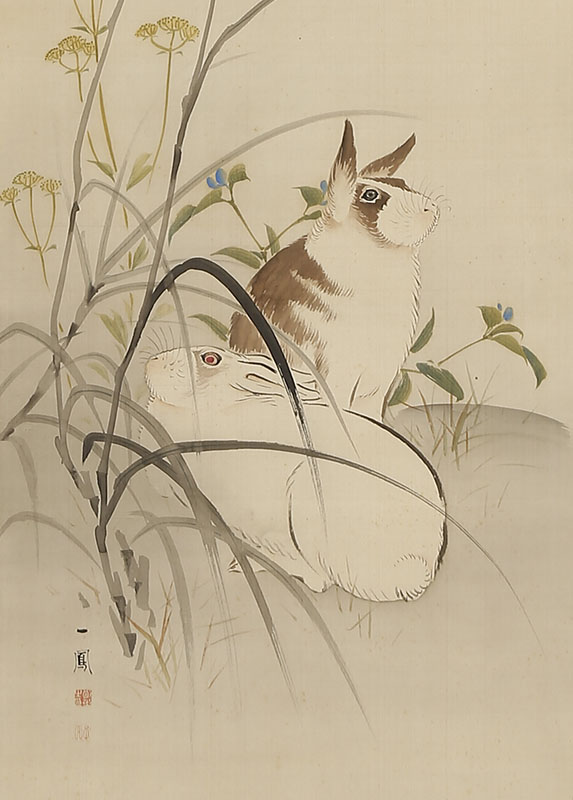 Two Rabbits with Autumn Flowers