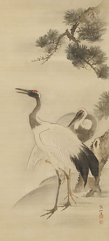 Cranes and Pine / Turtles, Plum and Bamboo at Sunrise 