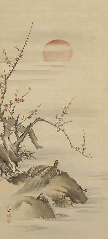Cranes and Pine / Turtles, Plum and Bamboo at Sunrise 