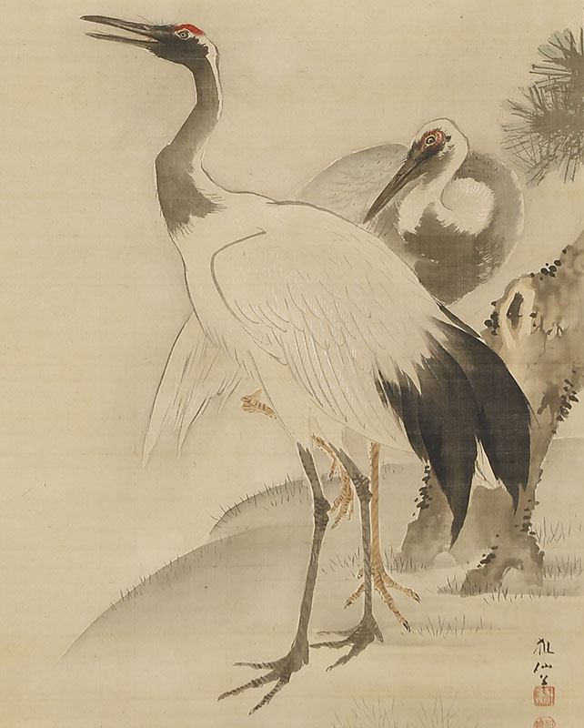 Cranes and Pine / Turtles, Plum and Bamboo at Sunrise 