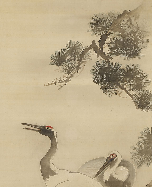 Cranes and Pine / Turtles, Plum and Bamboo at Sunrise 